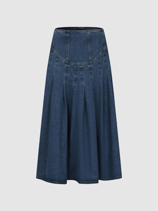 High-waisted Pleated Cotton Denim Maxi Skirt