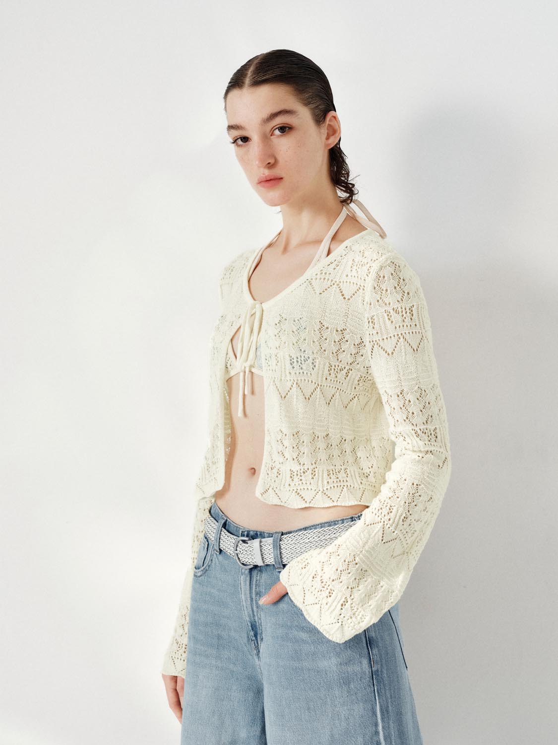 Flare Sleeve Tied Knitted Cardigans