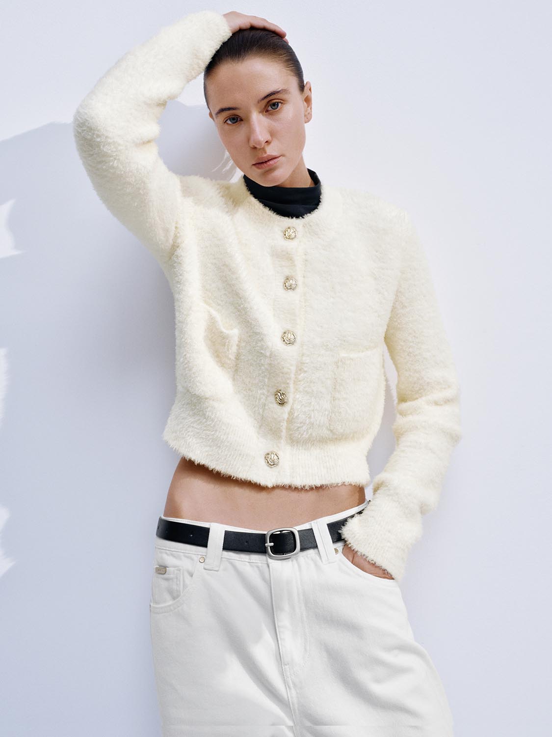 Fluffy Patch Pockets Knitted Cardigans