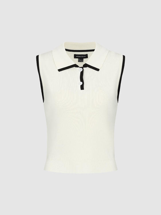 Polo Neck Contrast Trim Sleeveless Knitted T-Shirts