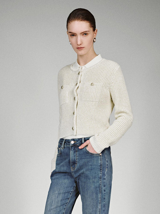 Crew Neck Patch Pockets Knitted Cardigans