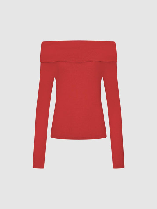 Off-shoulder Long Sleeve Fitted Knit T-Shirt