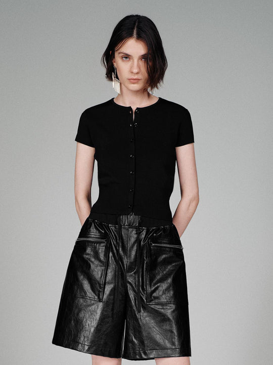 Button Up Cropped Crew Neck T-Shirts