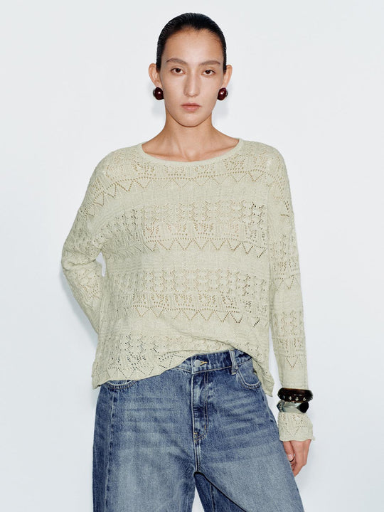 Scoop Neck Boho Long Sleeve Knitted T-Shirts