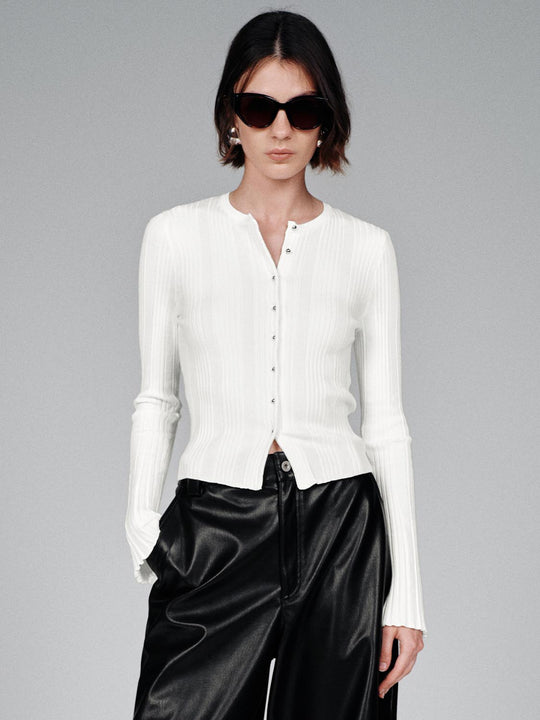 Slim Fit Split Hem Ribbed Crew Neck Knit Cardigan