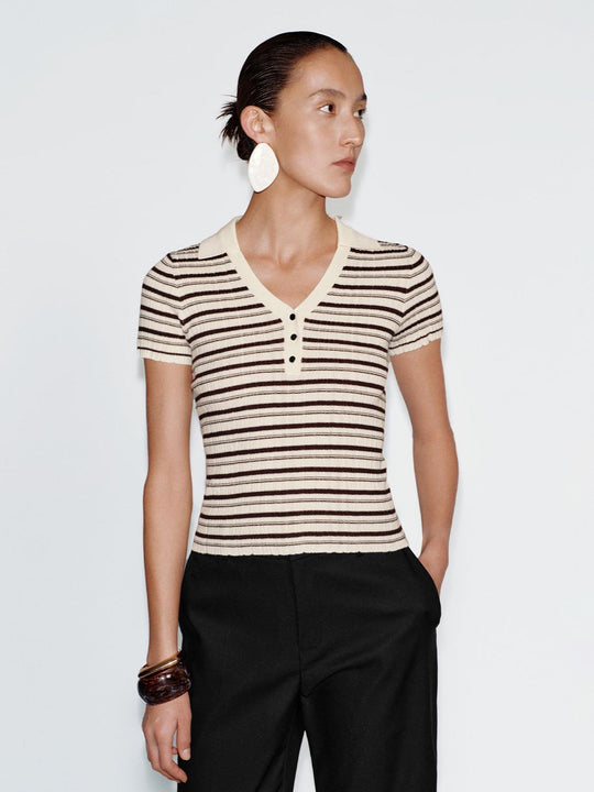 Henley V-Neck Striped Knitted T-Shirts