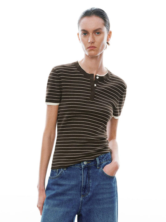 Henley Neck Striped Knitted T-Shirts