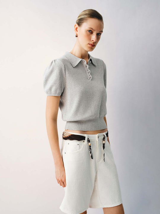 Cotton Knit Ribbed Puff-Sleeve Polo Shirt