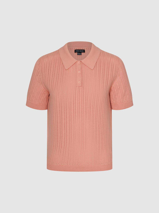 Ribbed Polo Knit Cotton Short Sleeve Sweater