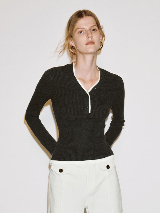Ribbed Contrast Trim Fitted V-neck Long Sleeve T-Shirt