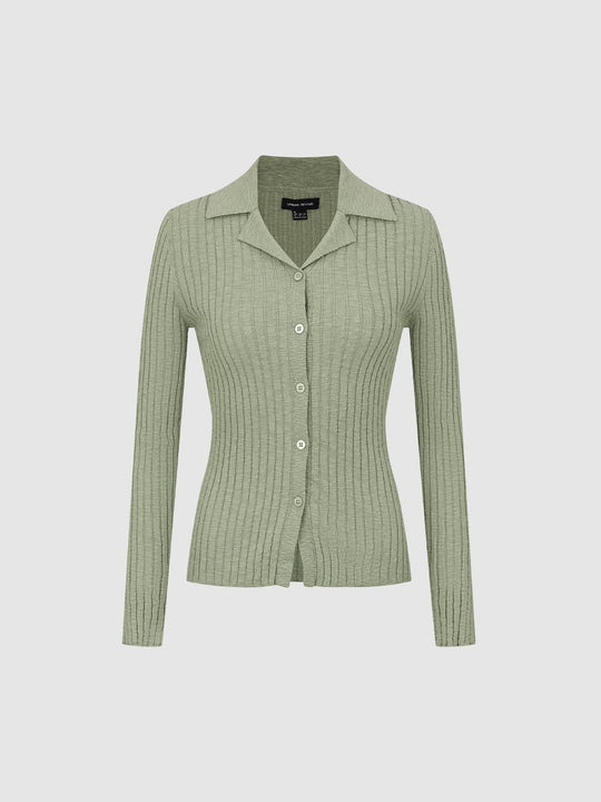 Ribbed Cotton Blend Shirt Collar Cardigan