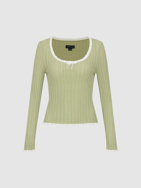 Ribbed Square Neck Bow Raw Hem Long Sleeve Knit T-shirt