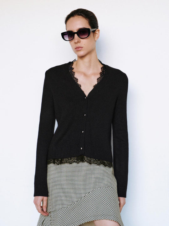 Lace Trimmed V-Neck Long Sleeve Cardigan