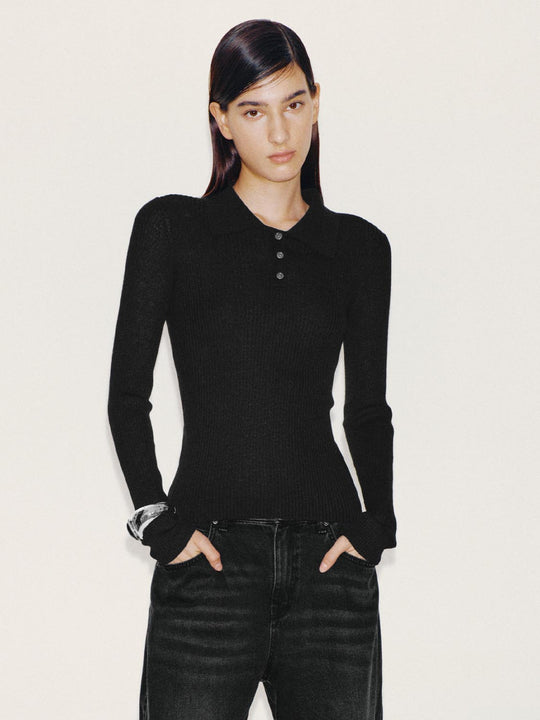 Black Fitted Ribbed Knit Long Sleeve T-shirt