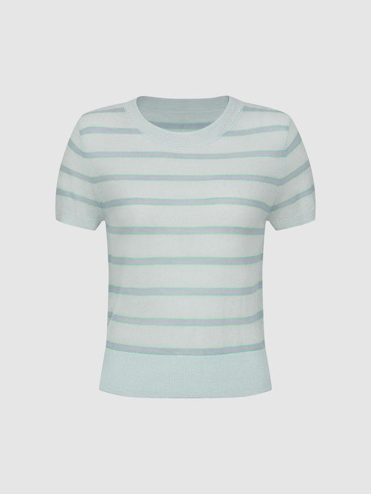 Pastel Striped Knit Thin Stretch T-shirt