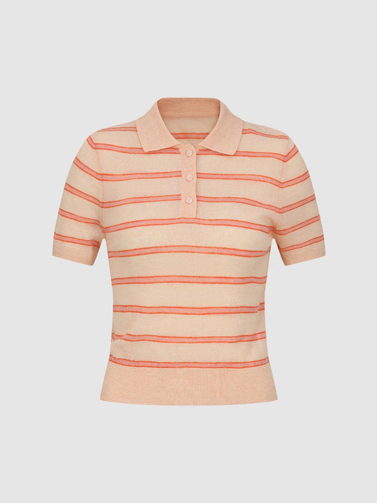 Soft Striped Knit Polo Collar Short Sleeve Shirt