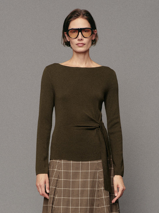Ribbed Long Sleeve Boat Neck Tie Waist Knit Top