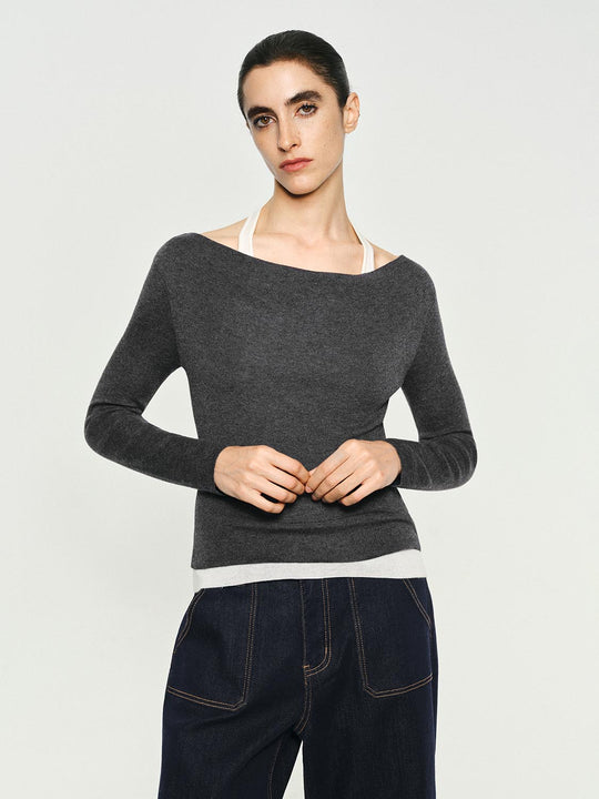 Fitted Contrast Hem Boat Neck Long Sleeve Knit Top