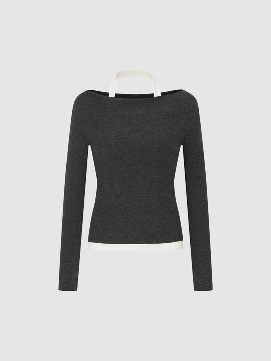 Fitted Contrast Hem Boat Neck Long Sleeve Knit Top