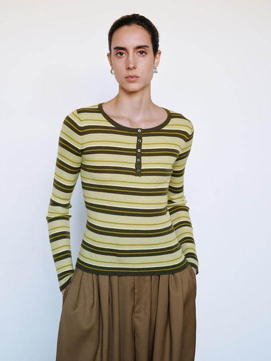 Striped Ribbed Long Sleeve Button Front T-Shirt
