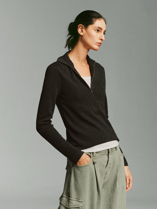 Fitted Ribbed Zip Neck Long Sleeve Knit Sweater