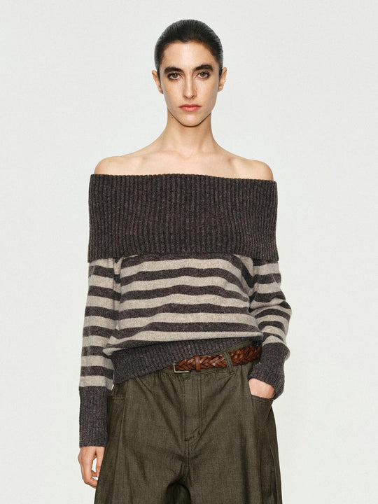 Off The Shoulder Striped Ribbed Long Sleeve Sweater