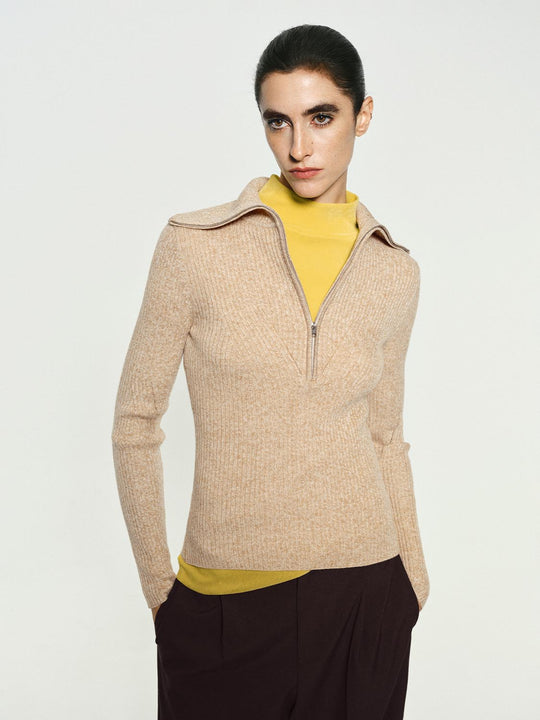 Ribbed Half-zip Long Sleeve Fitted Sweater
