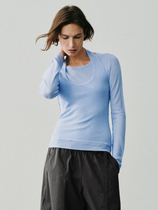 Halter Neck Fitted Long Sleeve Textured Knit T-shirt