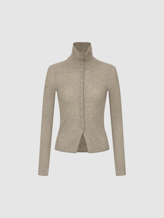 Ribbed Slim Mock Neck Long Sleeve Button Front Knit Jacket