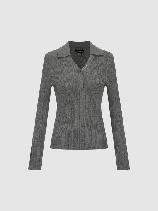 Ribbed Fitted Polo Collar Long Sleeve Sweater