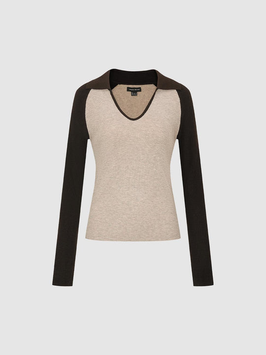 Fitted Two-tone V-neck Collared Long Sleeve Knit Top
