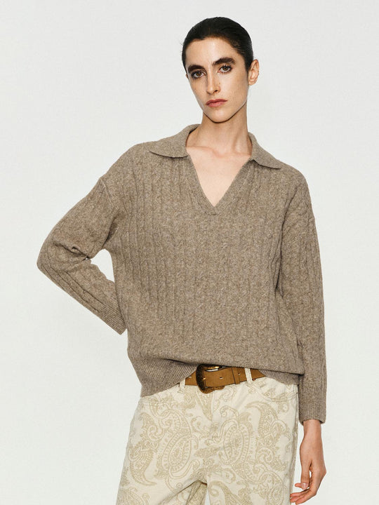 Textured V-neck Shirt Collar Long Sleeve Sweater