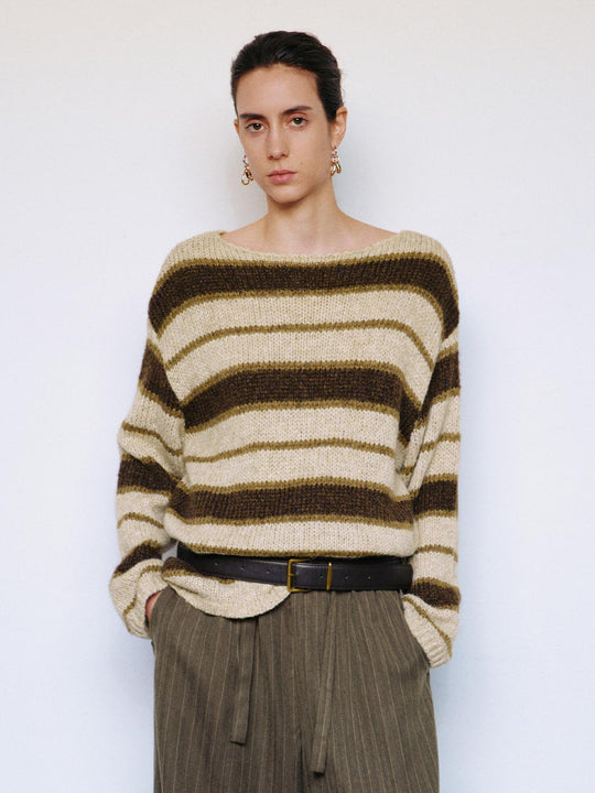 Knit Striped Oversized Boat Neck Long Sleeve Sweater