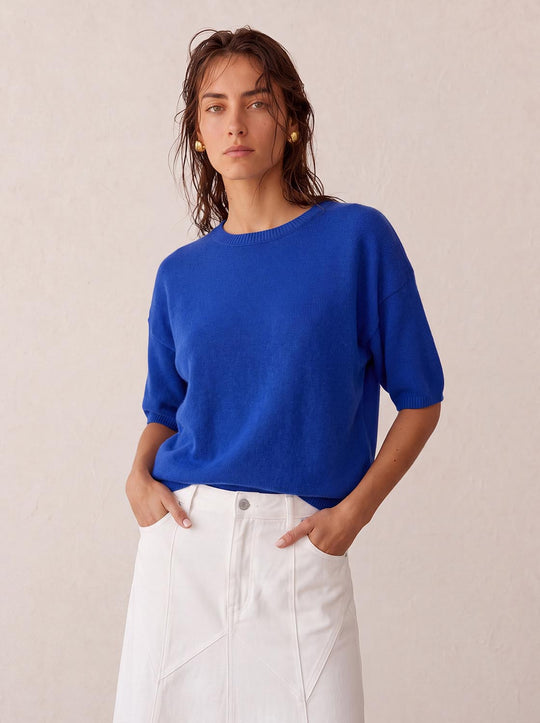 Ribbed Oversized Crew Neck Short Sleeve Knit Sweater