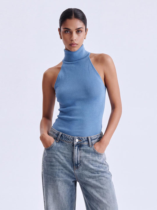 Fitted Ribbed Mock Neck Sleeveless Knit Tank Top