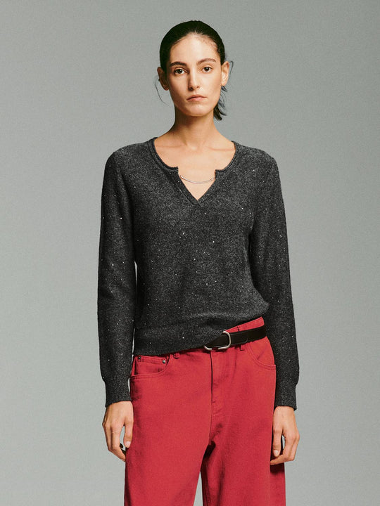 Textured Dotted Ribbed V-neck Long Sleeve Pullover
