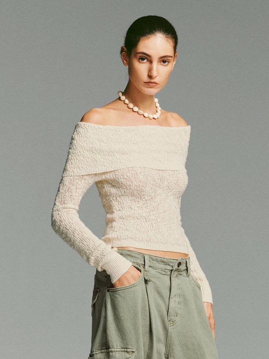 Textured Fitted Off-Shoulder Long Sleeve Pullover