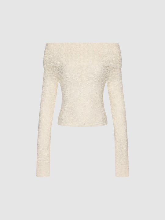 Textured Fitted Off-Shoulder Long Sleeve Pullover