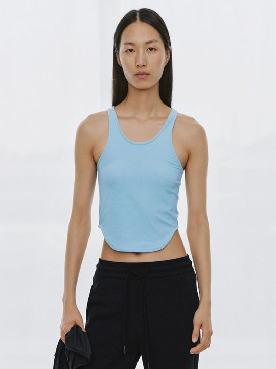 Ribbed Fitted Sleeveless Curved Hem Tank Top