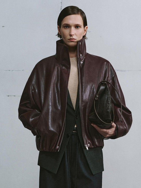 Zip Front Boxy Burgundy High Collar Long Sleeve Jacket