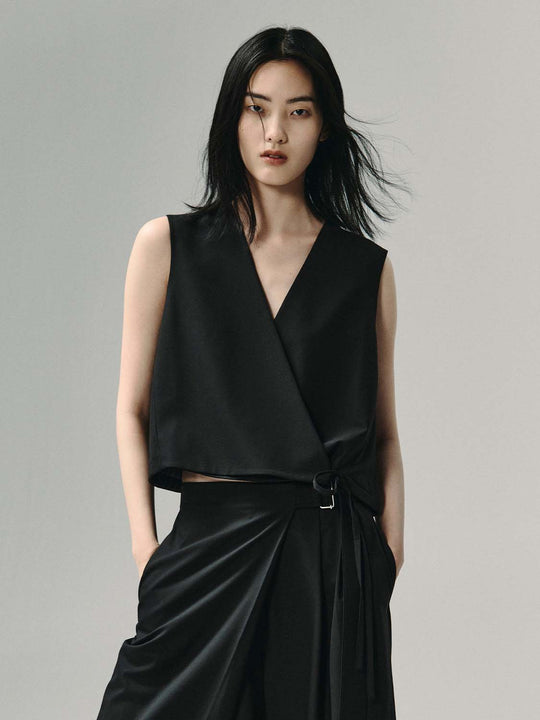Wrap Cropped Wool Blend V-neck Sleeveless Vest
