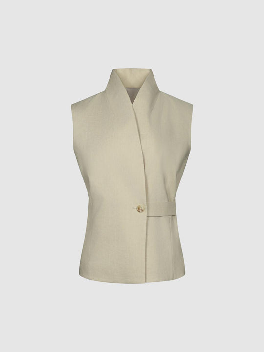 Structured Front Wrap Sleeveless Linen Blend Blazer