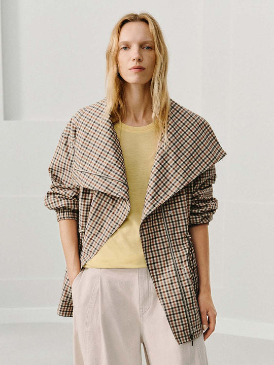 Checked Zip Front Drop Shoulder Long Sleeve Trench Coat