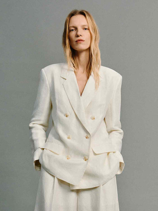 Double-breasted Long Sleeve Linen Blend Blazer