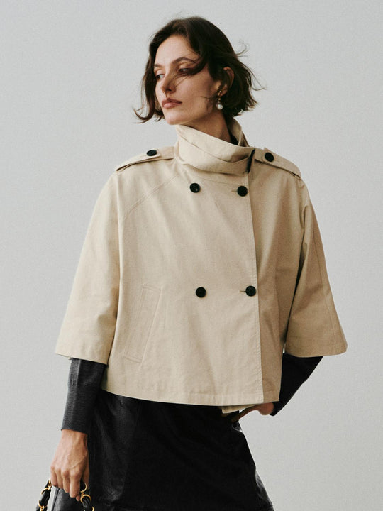 Cropped Double-Breasted Short Sleeve Cotton Blend Cape