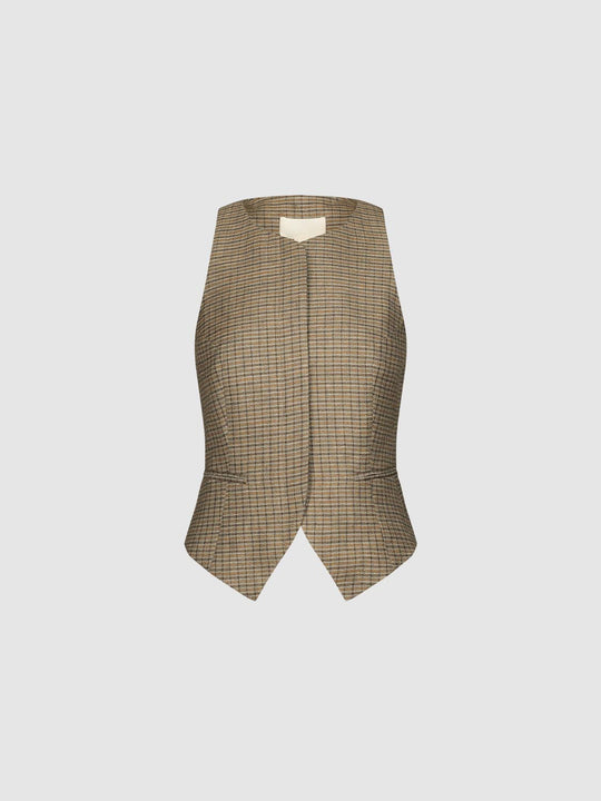Checked Tailored Sleeveless Linen Blend Vest