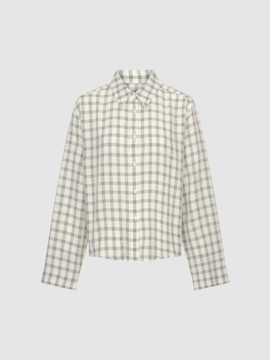 Point Collar Long Sleeve Check Pattern Button Up Shirt