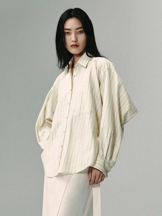 Pinstriped Oversized Long Sleeve Cotton Linen Shirt