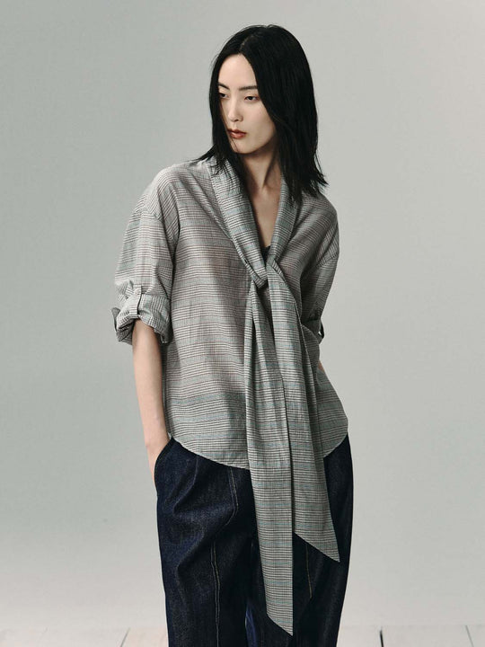 Plaid Tie Front Cotton Silk Shirt