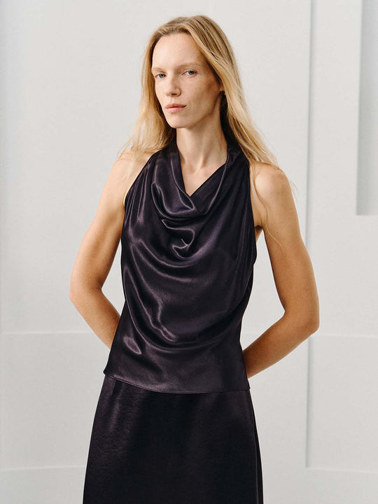 Thin Stretch Cowl Neck Draped Sleeveless Blouse